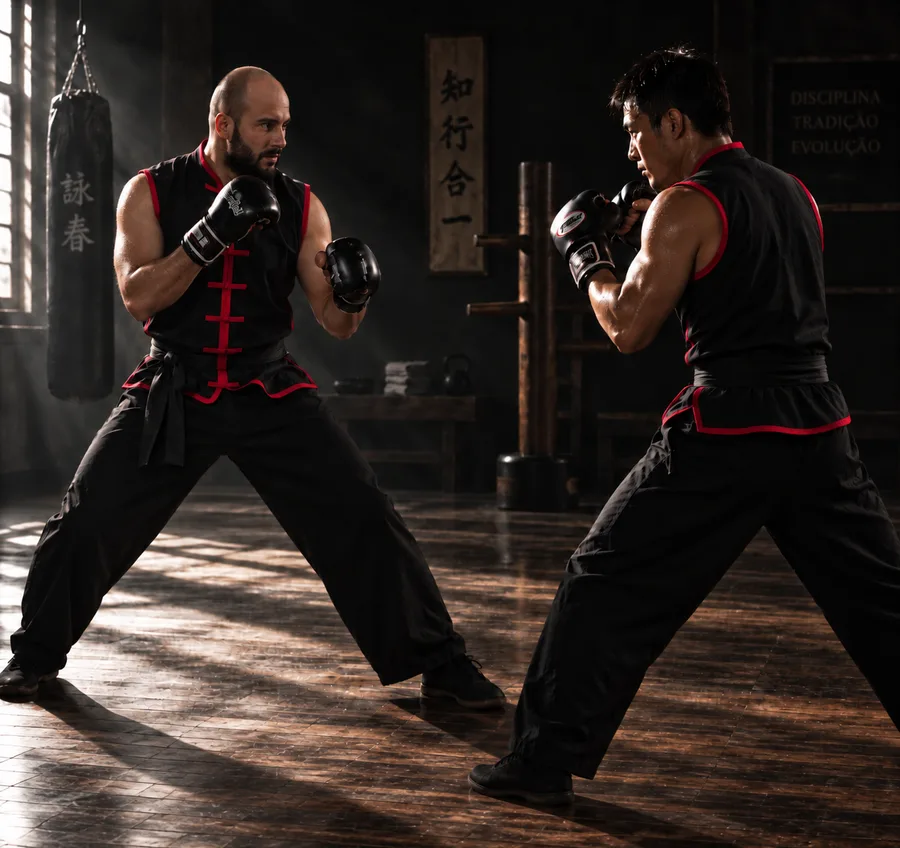 Dois praticantes de Boxe Chinês em guarda
