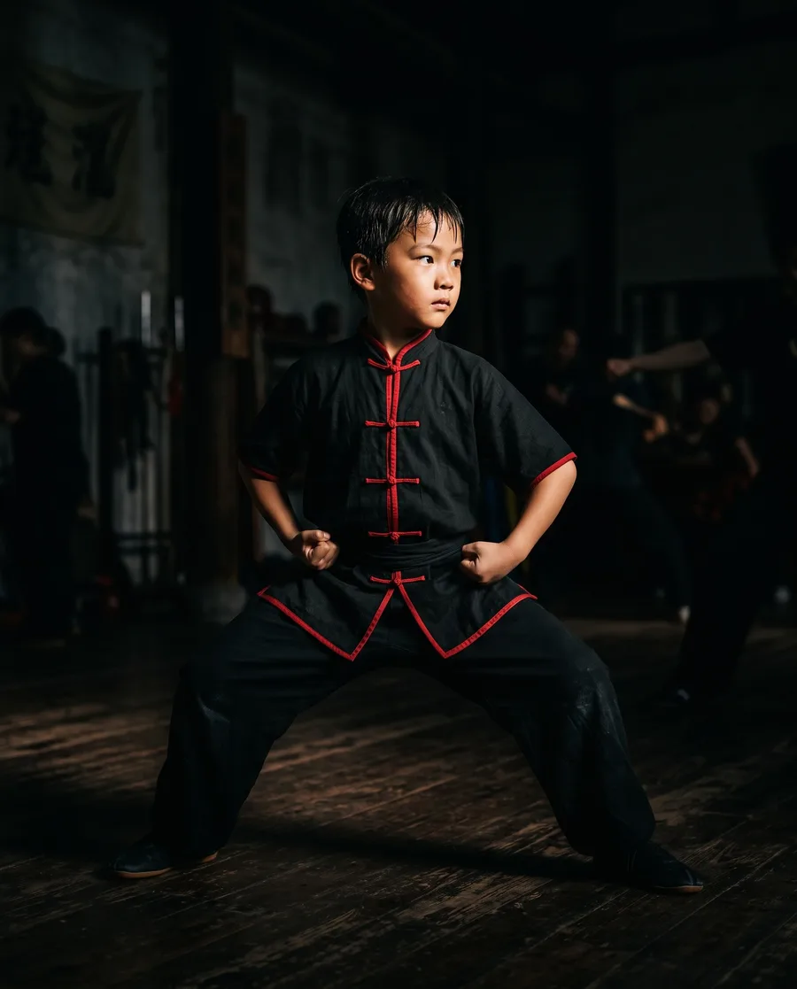 Criança praticando Kung Fu em postura de cavalo